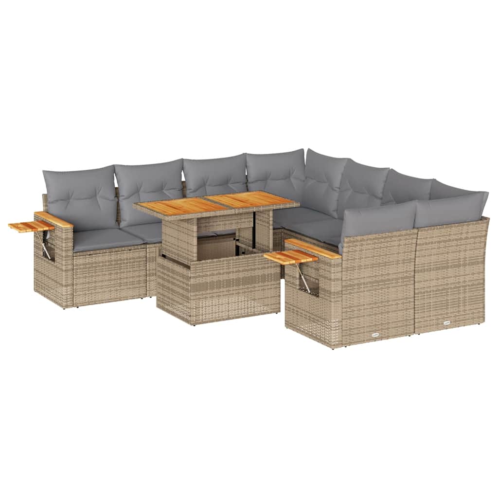 Set Divano da Giardino 9 pz con Cuscini Beige Polyrattan Acacia | homemem39