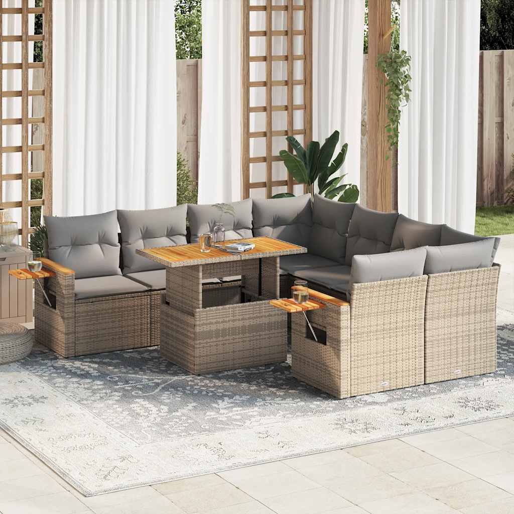 Set Divano da Giardino 9 pz con Cuscini Beige Polyrattan Acacia | homemem39