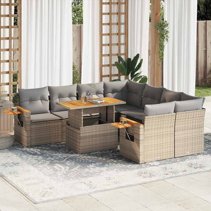 Set Divano da Giardino 9 pz con Cuscini Beige Polyrattan Acacia | homemem39