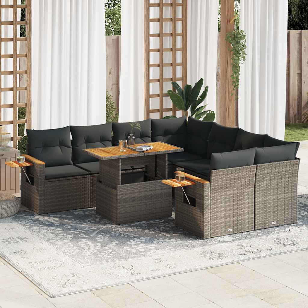 Set Divano da Giardino 9pz con Cuscini Grigio Polyrattan Acacia | homemem39