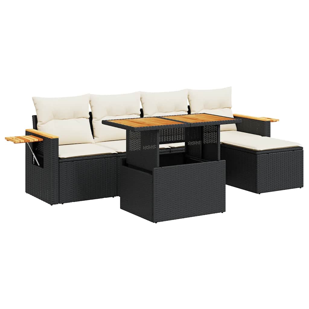 Set Divano da Giardino 6 pz con Cuscini Nero Polyrattan Acacia | homemem39