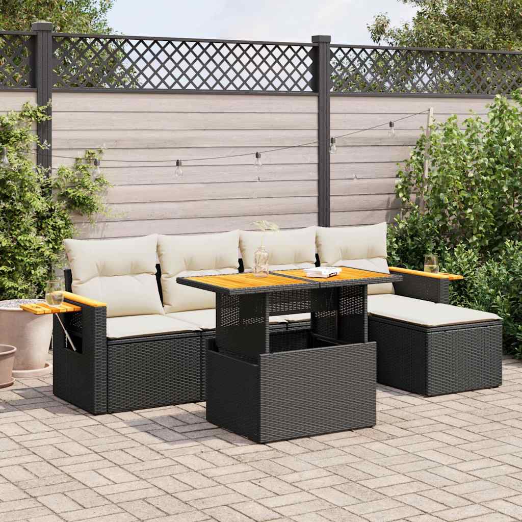 Set Divano da Giardino 6 pz con Cuscini Nero Polyrattan Acacia | homemem39