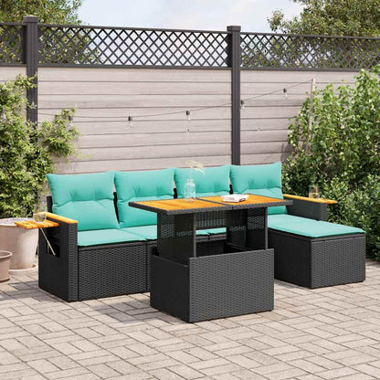 Set Divano da Giardino 6 pz con Cuscini Nero Polyrattan Acacia | homemem39