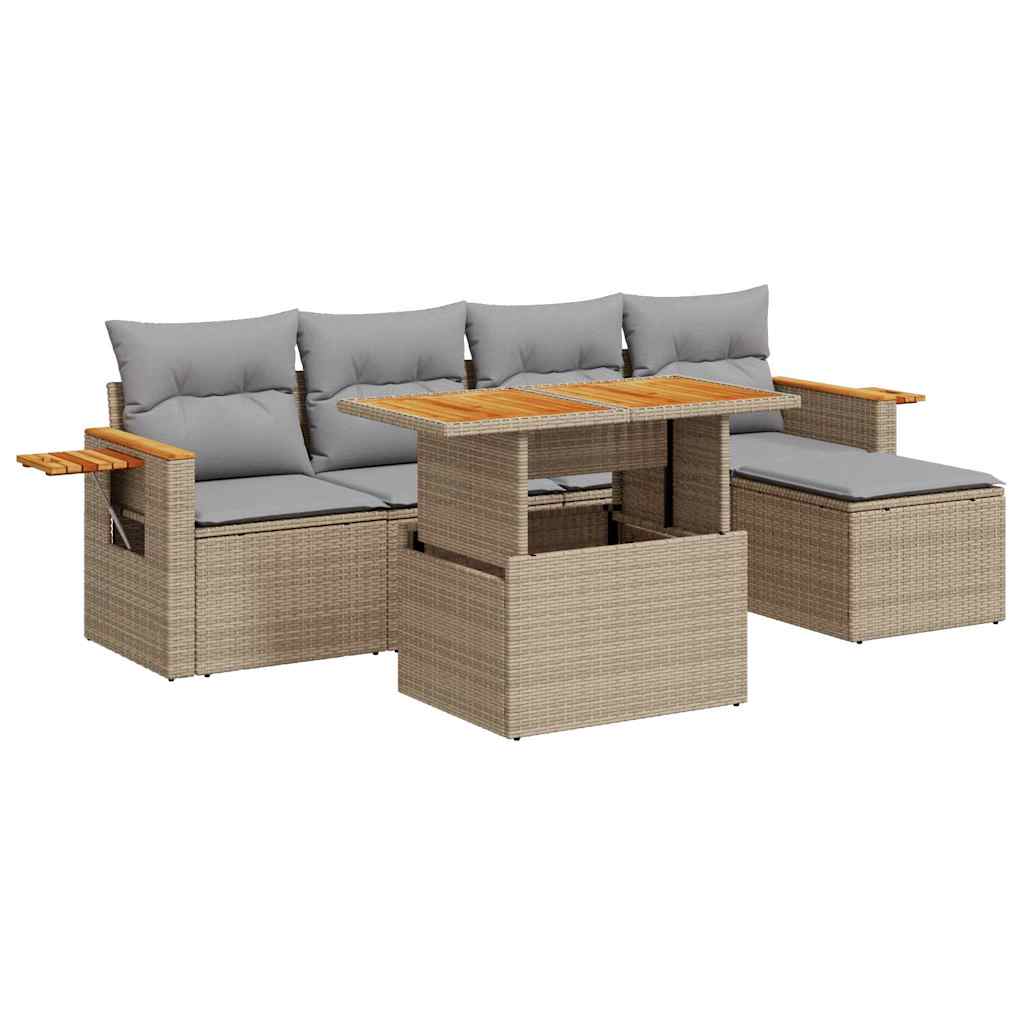 Set Divano da Giardino 6 pz con Cuscini Beige Polyrattan Acacia | homemem39