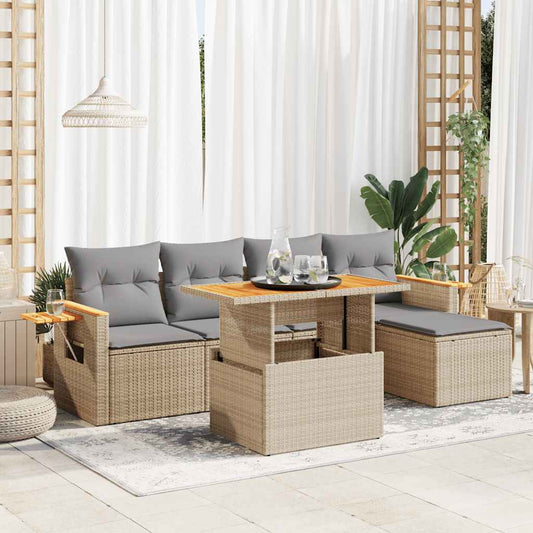 Set Divani da Giardino 7 pz con Cuscini Beige Polyrattan Acacia