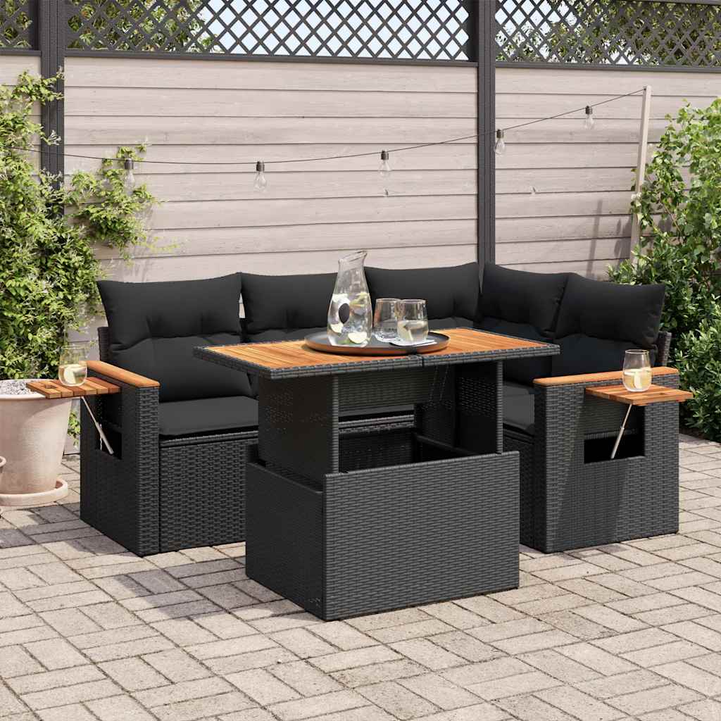 Set Divani da Giardino 5 pz con Cuscini Nero Polyrattan Acacia | homemem39