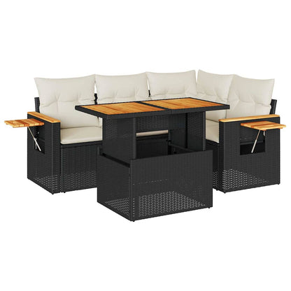 Set Divani da Giardino 5 pz con Cuscini Nero Polyrattan Acacia