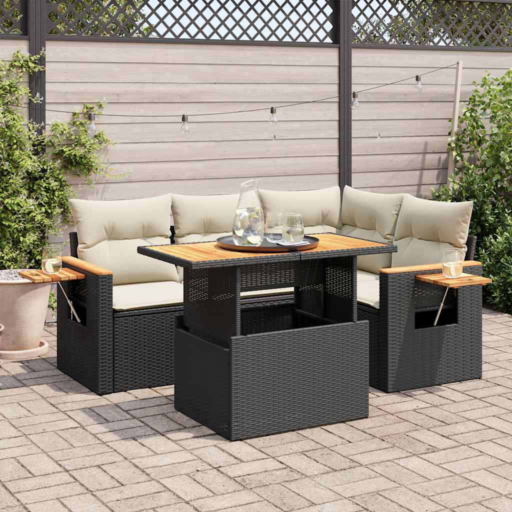 Set Divani da Giardino 5 pz con Cuscini Nero Polyrattan Acacia | homemem39