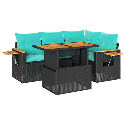 Set Divani da Giardino 5 pz con Cuscini Nero Polyrattan Acacia | homemem39