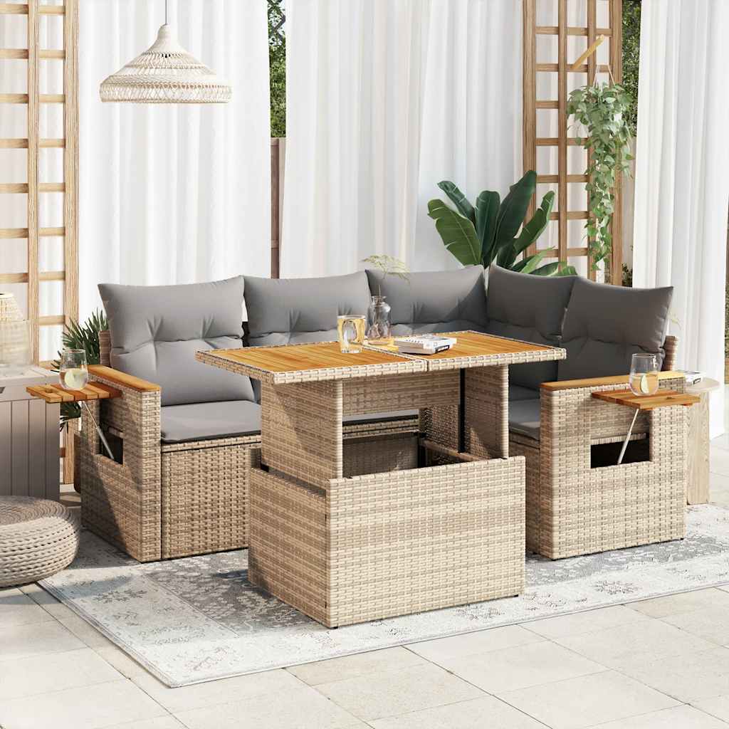 Set Divano da Giardino 5 pz con Cuscini Beige Polyrattan Acacia | homemem39