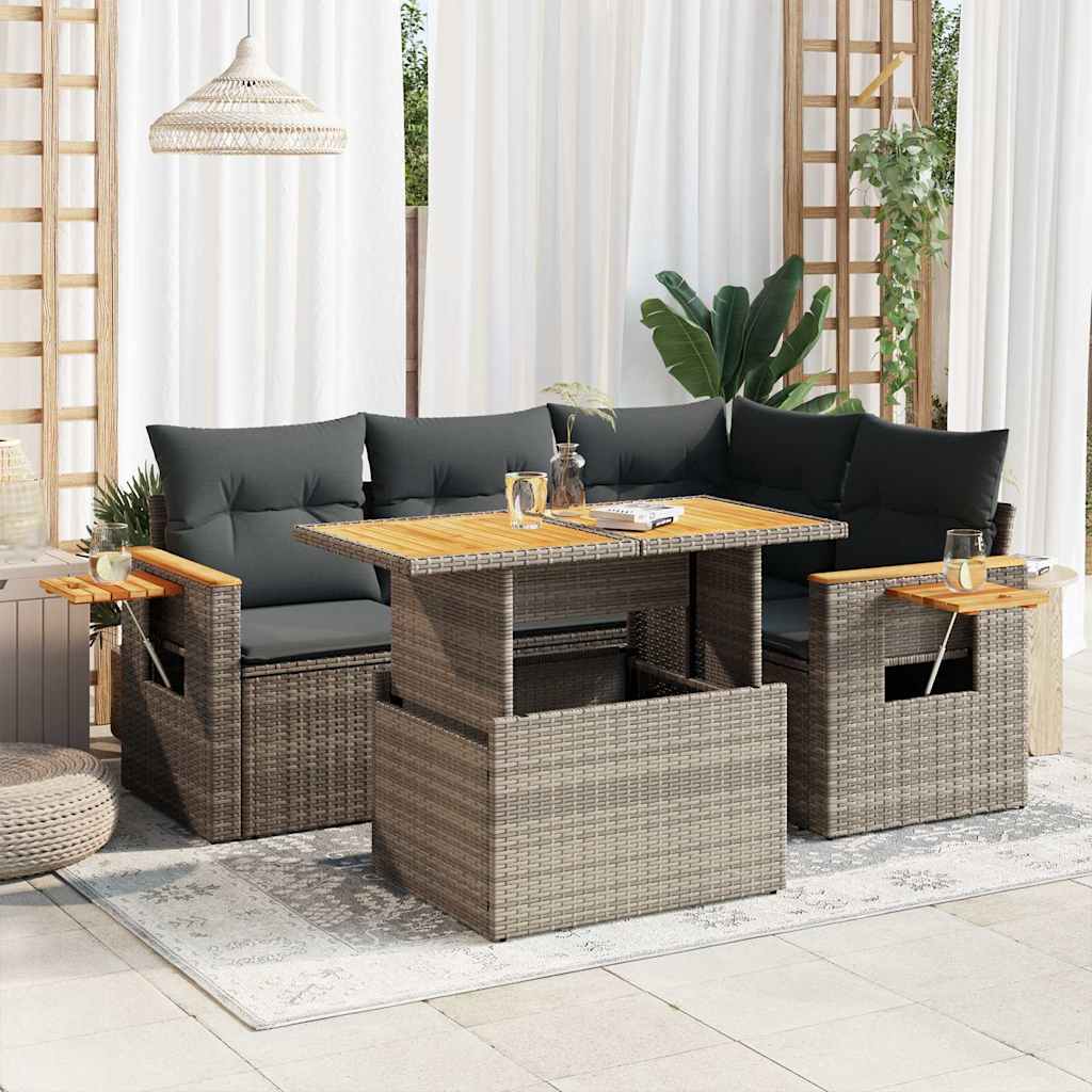 Set Divano Giardino 5 pz con Cuscini Grigio Polyrattan Acacia