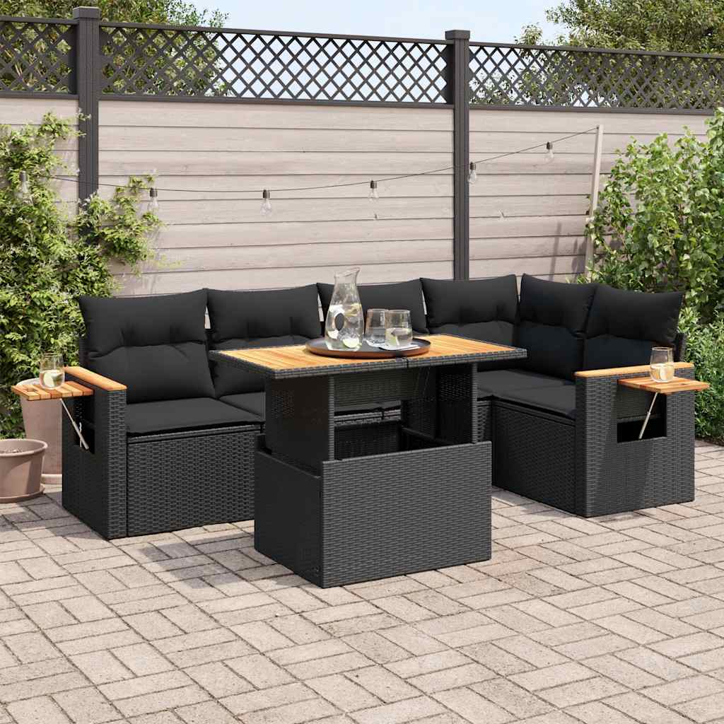 Set Divano da Giardino 6 pz con Cuscini Nero Polyrattan Acacia | homemem39