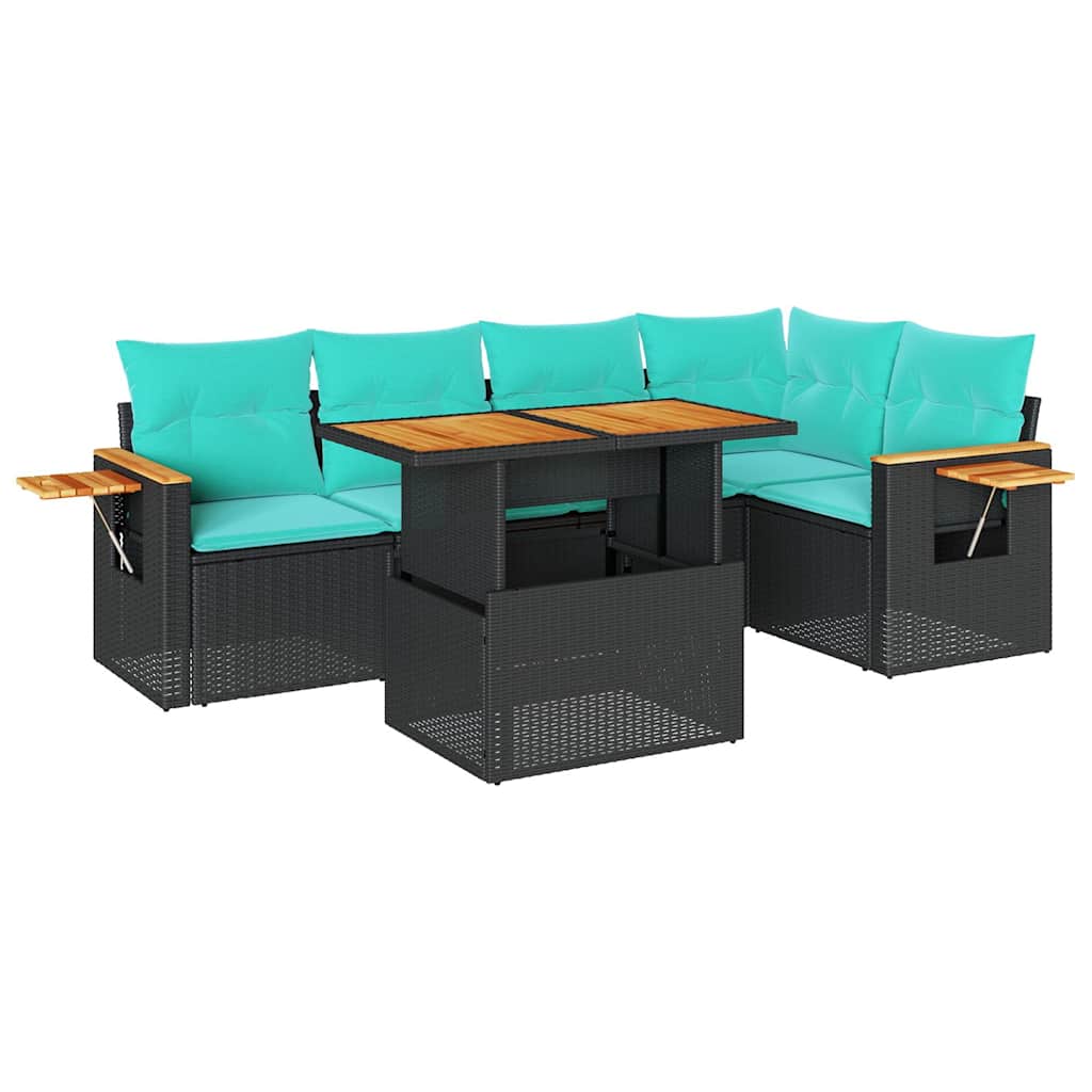 Set Divano da Giardino 6 pz con Cuscini Nero Polyrattan Acacia | homemem39