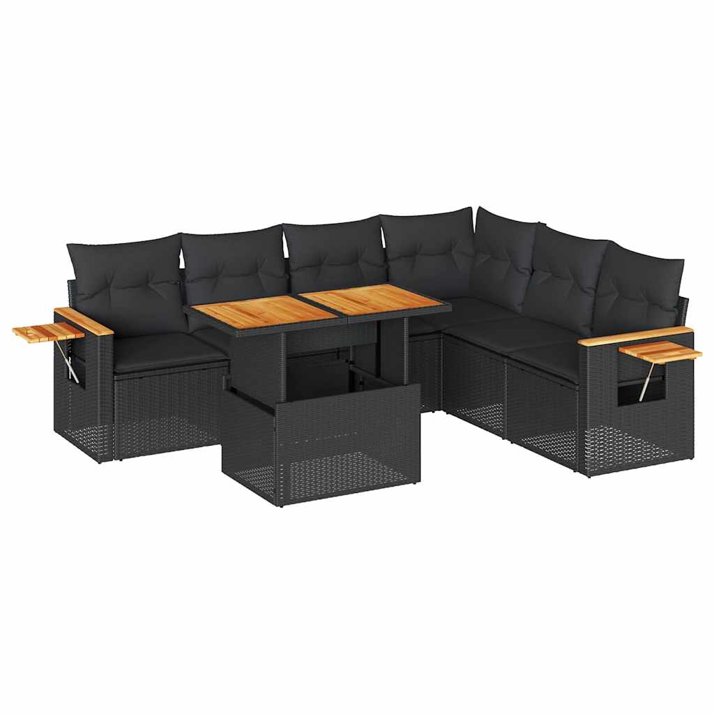 Set Divani da Giardino con Cuscini 7pz Nero Polyrattan Acacia | homemem39