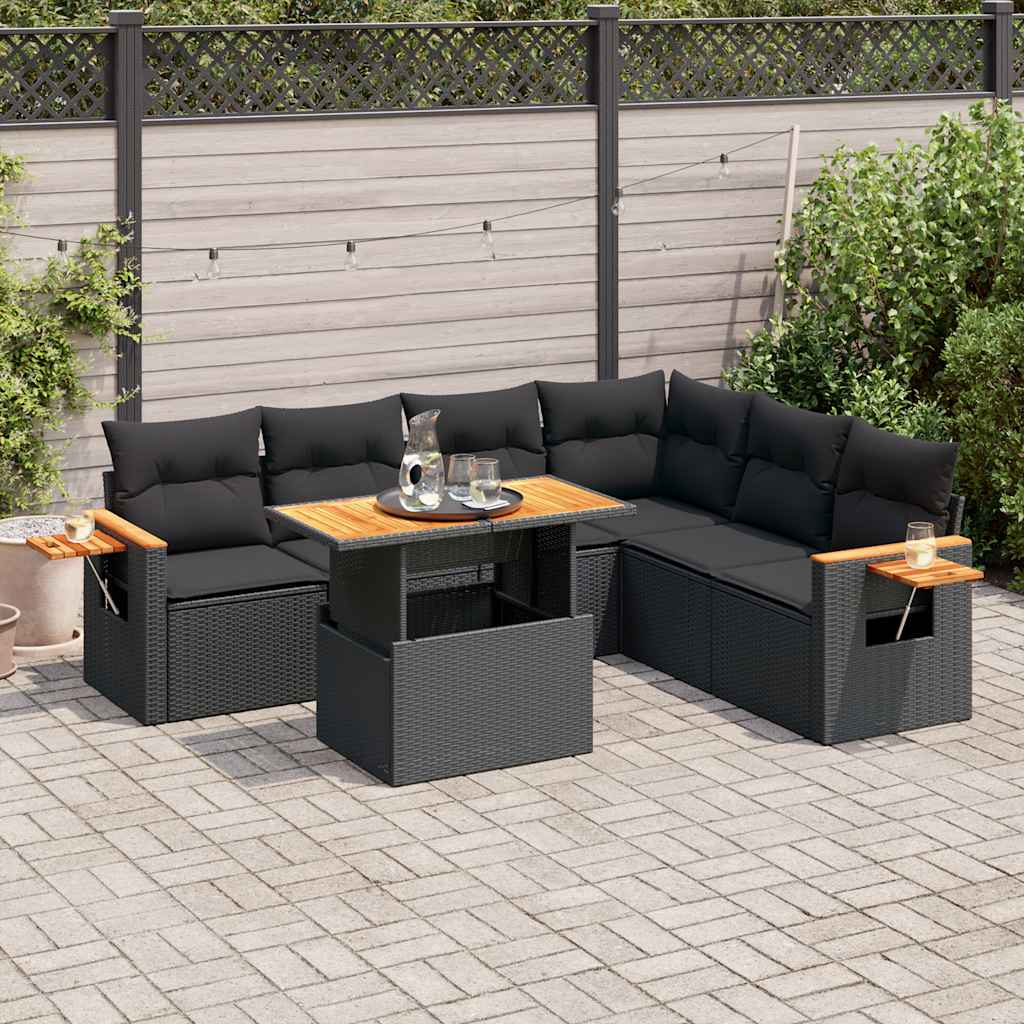 Set Divani da Giardino con Cuscini 7pz Nero Polyrattan Acacia