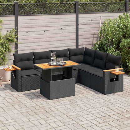Set Divani da Giardino con Cuscini 7pz Nero Polyrattan Acacia