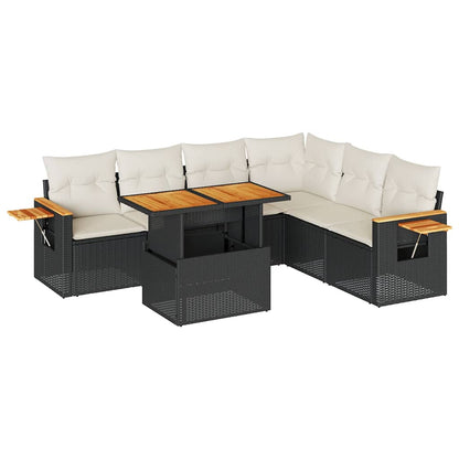 Set Divani da Giardino con Cuscini 7pz Nero Polyrattan Acacia | homemem39