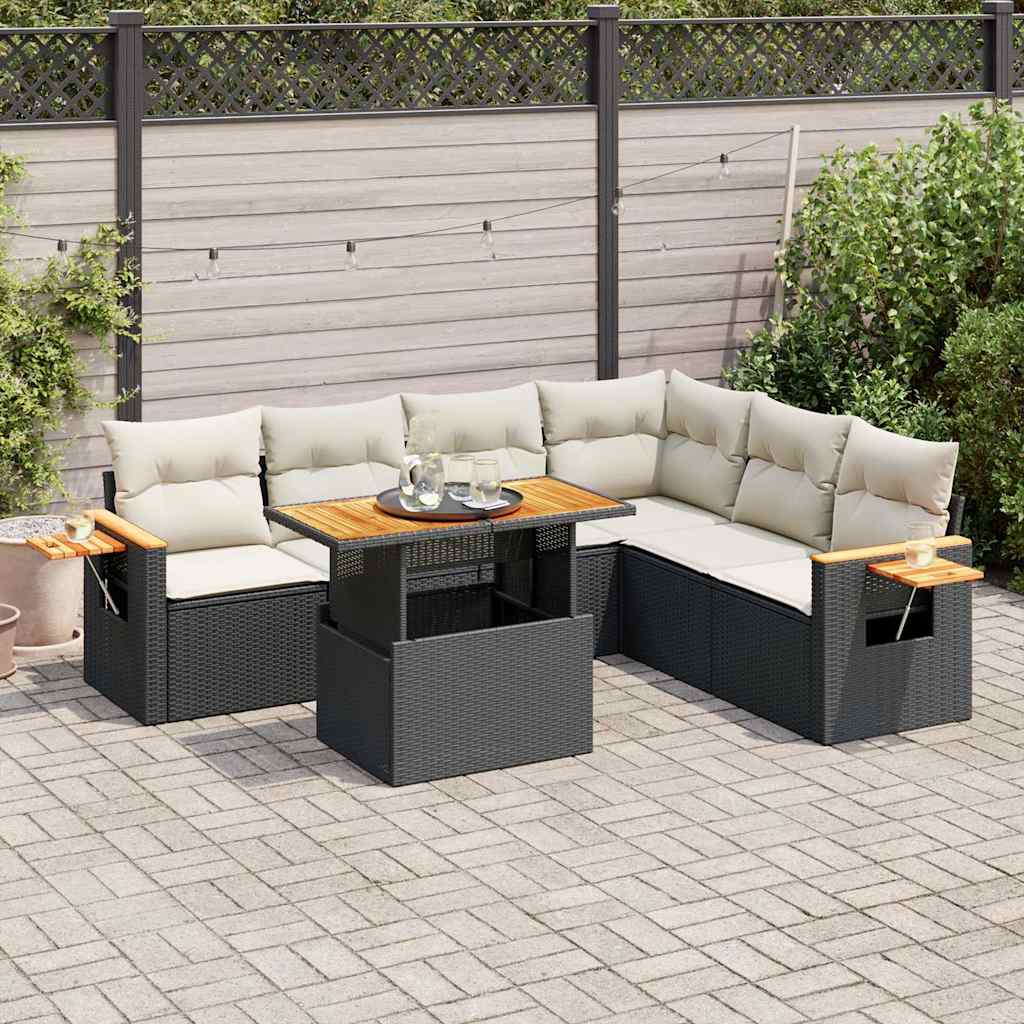Set Divani da Giardino con Cuscini 7pz Nero Polyrattan Acacia | homemem39