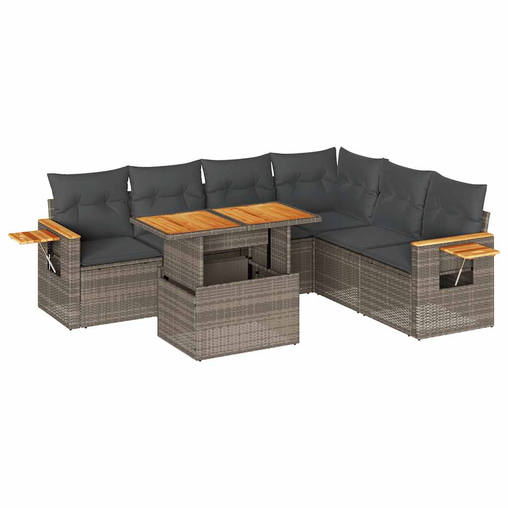 Set Divani da Giardino 7pz con Cuscini Grigio Polyrattan Acacia