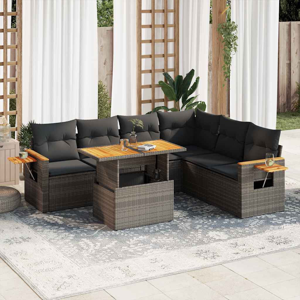 Set Divani da Giardino 7pz con Cuscini Grigio Polyrattan Acacia