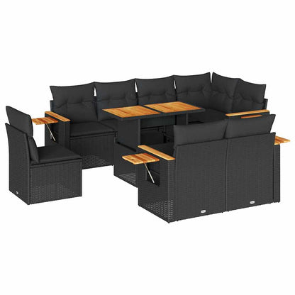 Set Divani da Giardino 9 pz con Cuscini Nero Polyrattan Acacia | homemem39