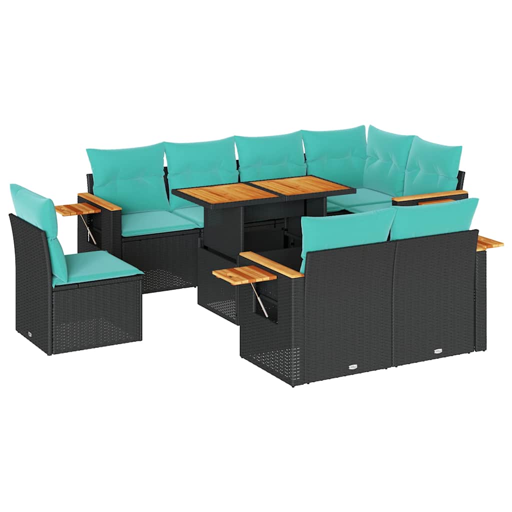 Set Divani da Giardino 9 pz con Cuscini Nero Polyrattan Acacia | homemem39
