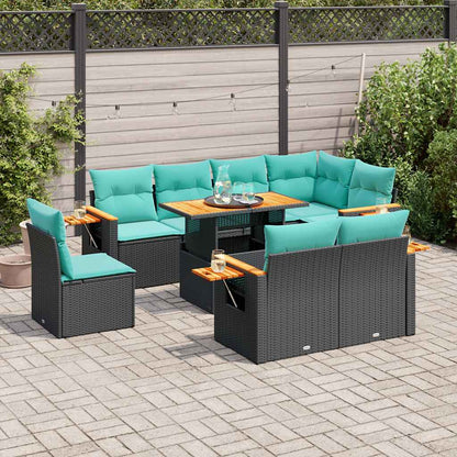 Set Divani da Giardino 9 pz con Cuscini Nero Polyrattan Acacia