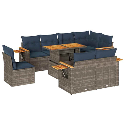 Set Divano da Giardino 9pz con Cuscini Grigio Polyrattan Acacia