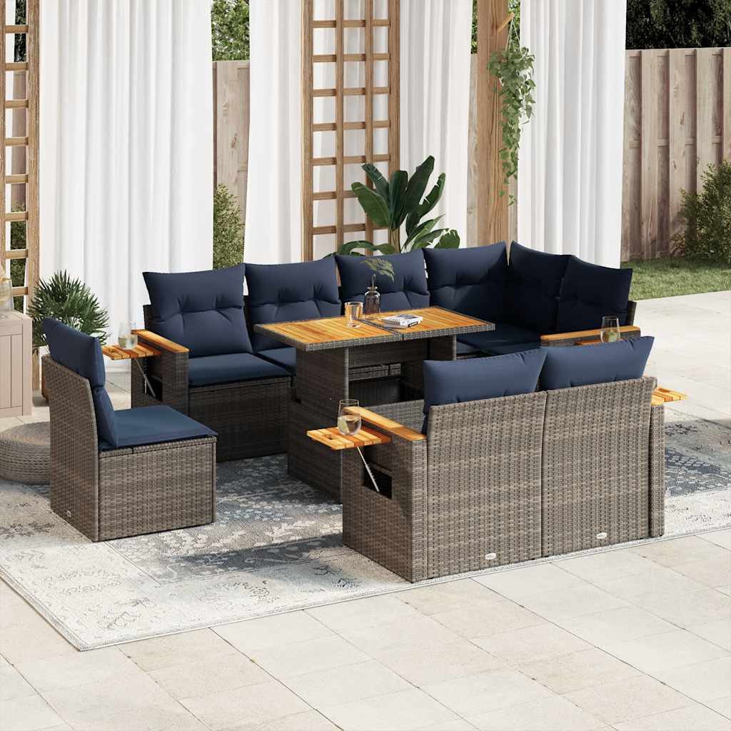 Set Divano da Giardino 9pz con Cuscini Grigio Polyrattan Acacia | homemem39