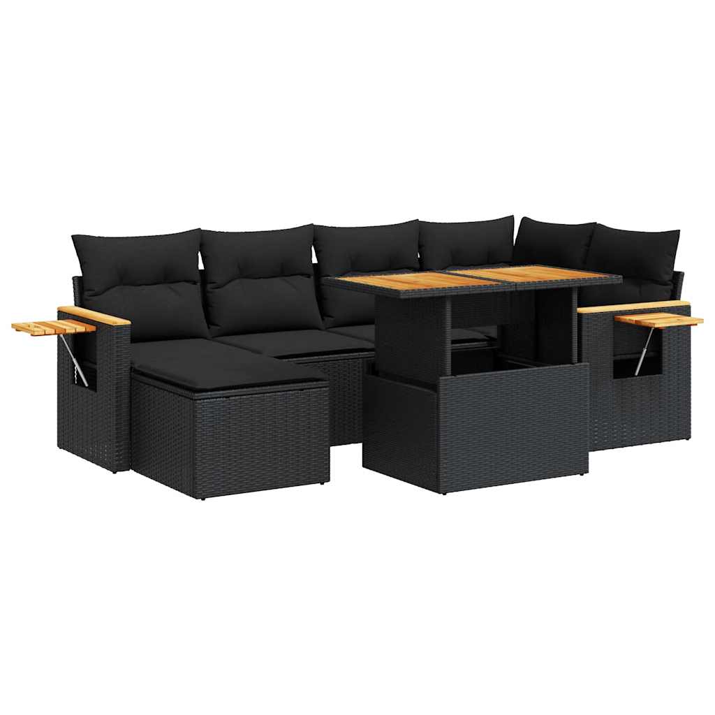 Set Divani da Giardino con Cuscini 7pz Nero Polyrattan Acacia | homemem39