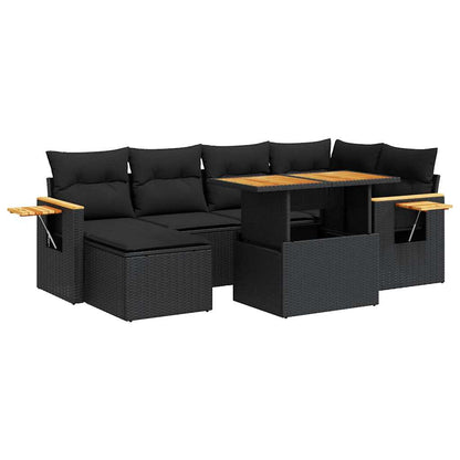 Set Divani da Giardino con Cuscini 7pz Nero Polyrattan Acacia