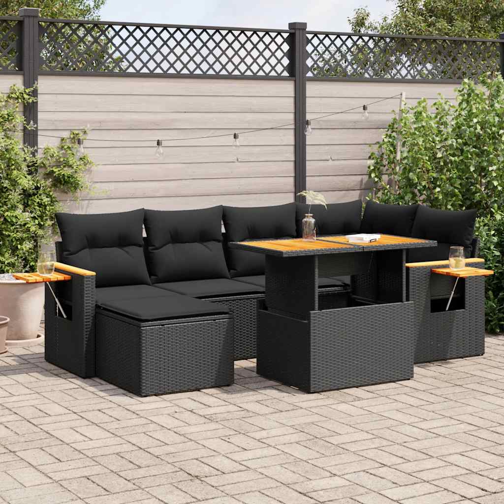 Set Divani da Giardino con Cuscini 7pz Nero Polyrattan Acacia | homemem39
