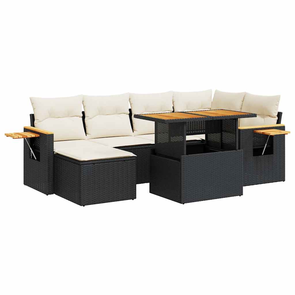 Set Divani da Giardino con Cuscini 7pz Nero Polyrattan Acacia | homemem39
