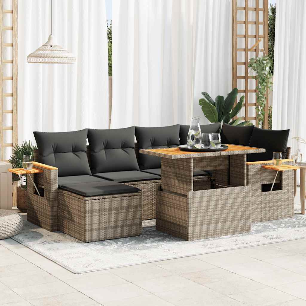 Set Divani da Giardino 7pz con Cuscini Grigio Polyrattan Acacia | homemem39
