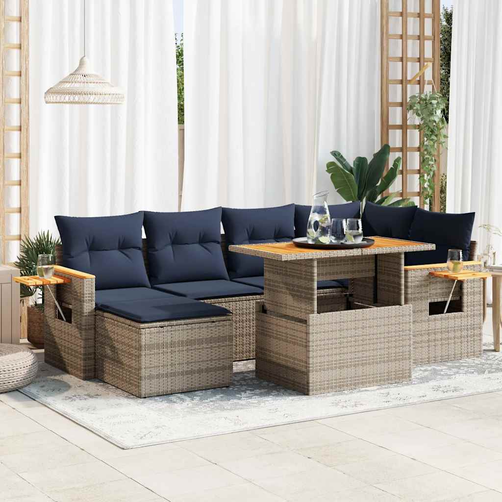 Set Divani da Giardino con Cuscini 7pz Nero Polyrattan Acacia | homemem39