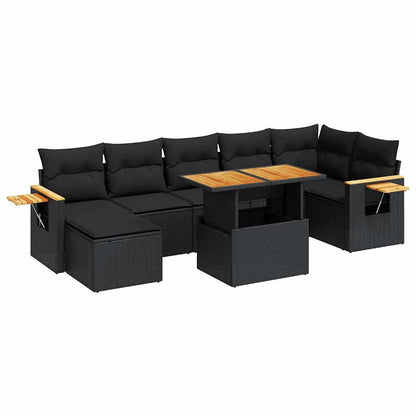 Set Divani da Giardino con Cuscini 8 pz Nero Polyrattan Acacia