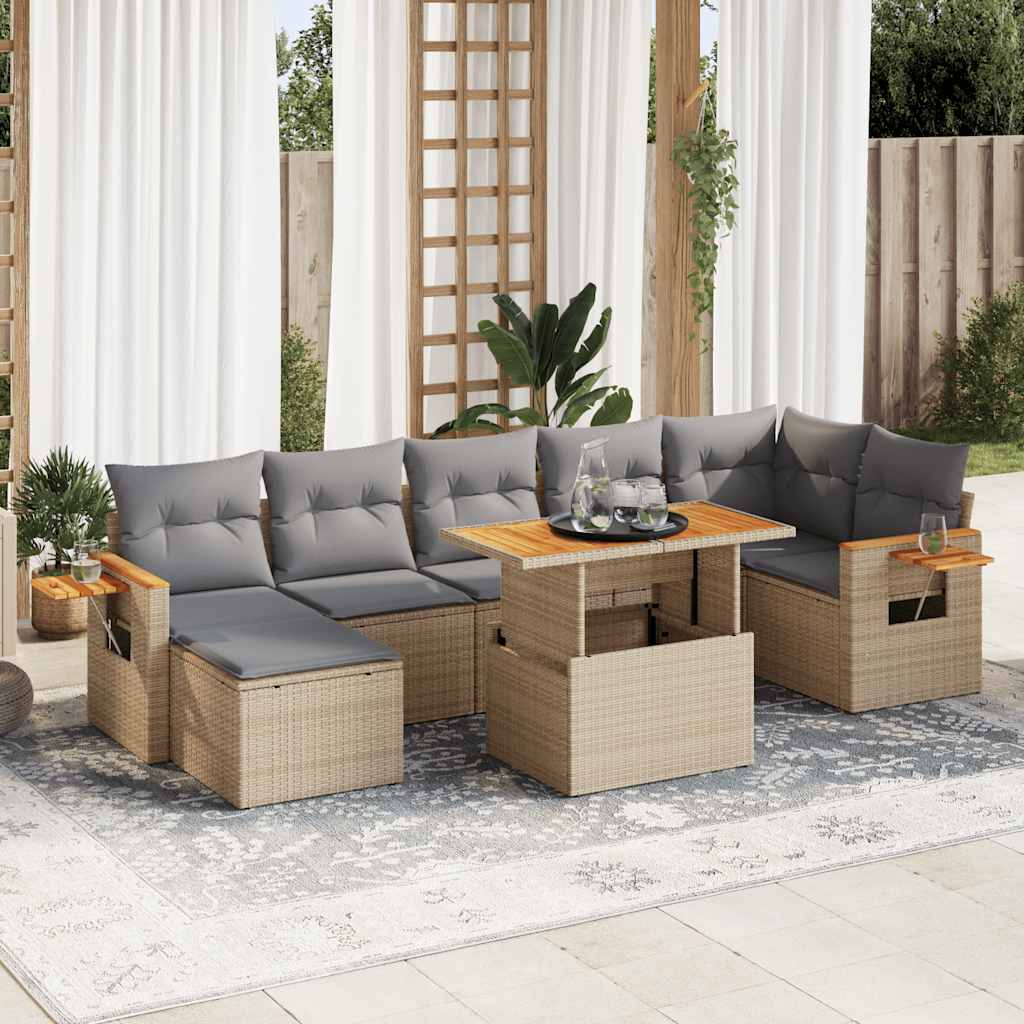 Set Divano da Giardino 8 pz con Cuscini Beige Polyrattan Acacia | homemem39