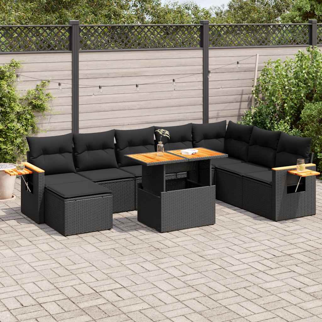 Set Divani da Giardino 9 pz con Cuscini Nero Polyrattan Acacia | homemem39