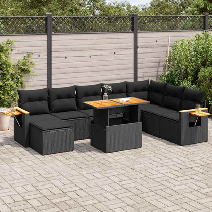 Set Divani da Giardino 9 pz con Cuscini Nero Polyrattan Acacia | homemem39