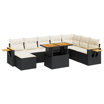 Set Divani da Giardino 9 pz con Cuscini Nero Polyrattan Acacia | homemem39