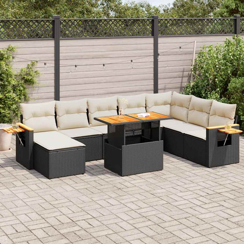 Set Divani da Giardino 9 pz con Cuscini Nero Polyrattan Acacia | homemem39