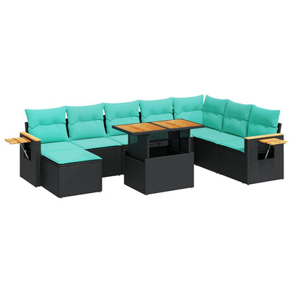 Set Divani Giardino 10pz con Cuscini Nero in Polyrattan Acacia | homemem39