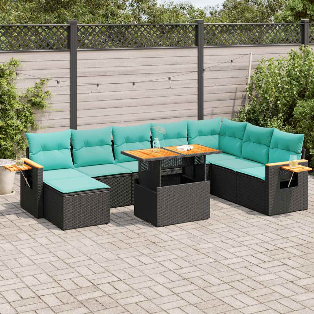 Set Divani Giardino 10pz con Cuscini Nero in Polyrattan Acacia | homemem39