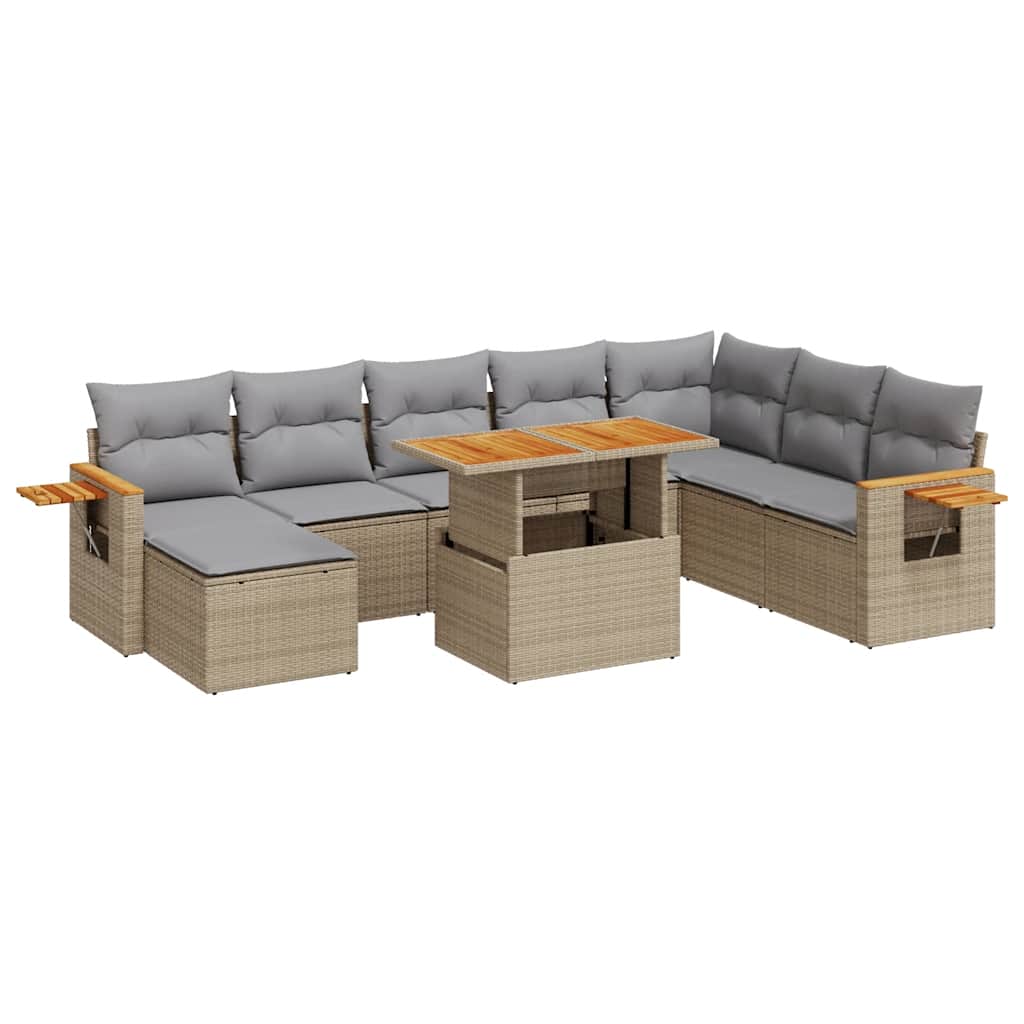 Set Divano da Giardino 9 pz con Cuscini Beige Polyrattan Acacia