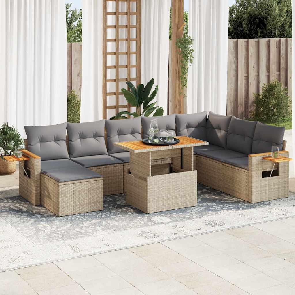 Set Divano da Giardino 9 pz con Cuscini Beige Polyrattan Acacia | homemem39