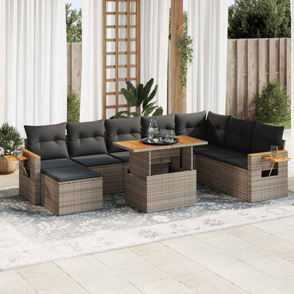Set Divano da Giardino 9pz con Cuscini Grigio Polyrattan Acacia