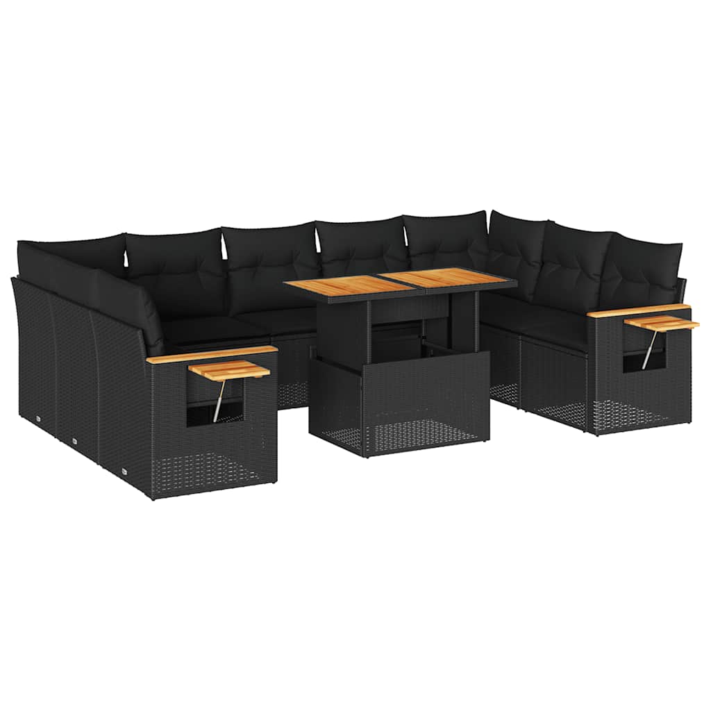 Set Divani Giardino 10pz con Cuscini Nero in Polyrattan Acacia | homemem39