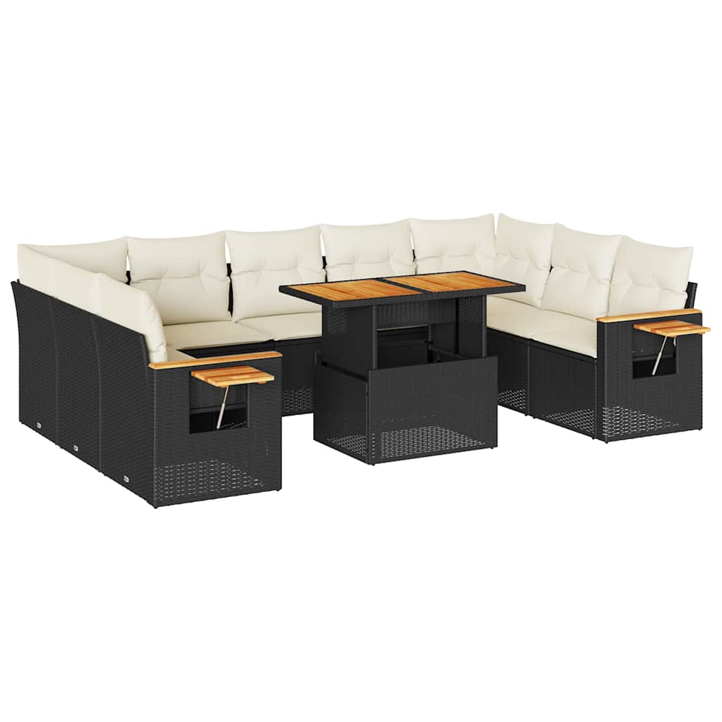 Set Divani Giardino 10pz con Cuscini Nero in Polyrattan Acacia | homemem39