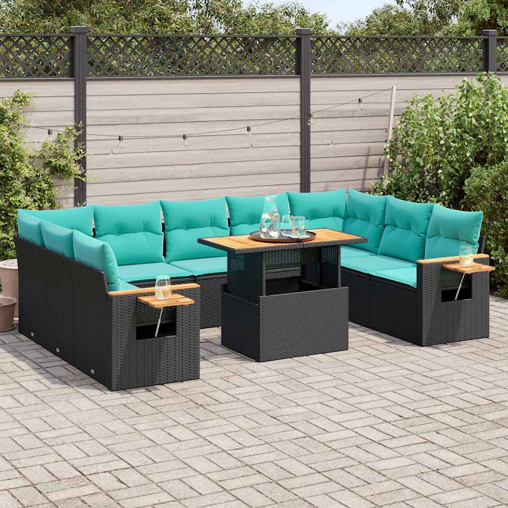 Set Divani Giardino 10pz con Cuscini Nero in Polyrattan Acacia | homemem39
