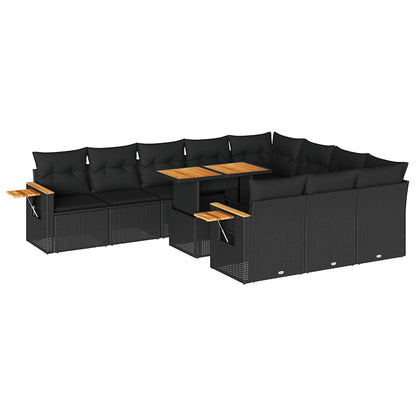 Set Divani da Giardino 11 pz con Cuscini Polyrattan Acacia Nero | homemem39